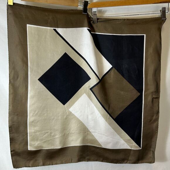 Vintage Beige Taupe Ivory and Black Geometric Print Silk 26.5" Square Scarf - Picture 1 of 9